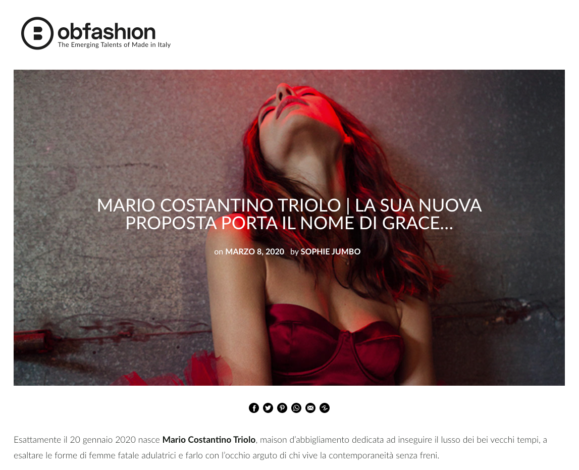 2020, Ob-Fashion - Mario Costantino Triolo, la sua nuova proposta porta il nome di GRACE 2020